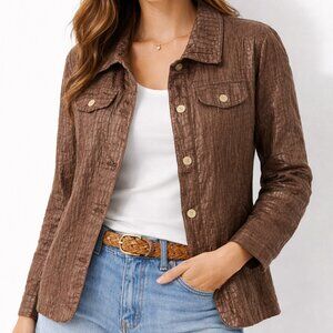 Boho Western Safari Croc Textured Dark Brown Neutral Lightweight Jacket [size L]